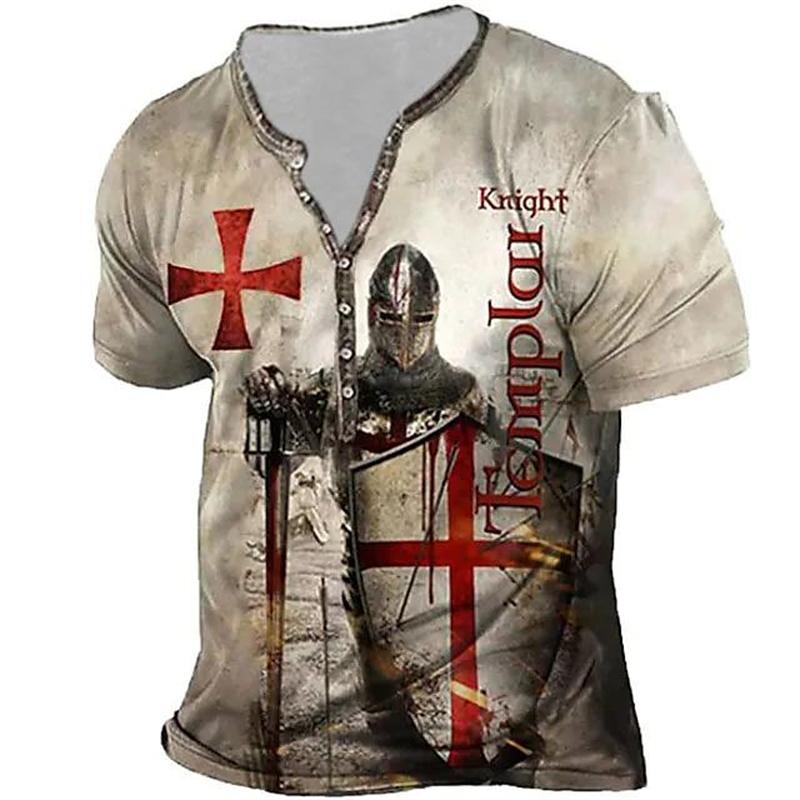 Explorer Outdoors Vintage T-shirt voor heren 3D-print Knight Henley-shirt V-hals korte mouwen oversized tops T-shirt herenkleding streetwear S