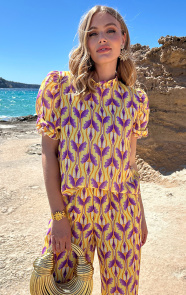 Jurkjes Ruffle Pofmouwen Top Print Geel