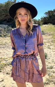 Jurkjes Pofmouwen Ruffle Top Demi Metallic Paars