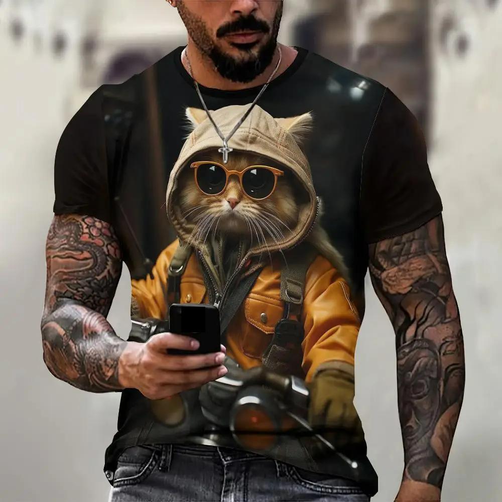 Transmission of love Casual heren T-shirt Stray Cat patroon bedrukt T-shirt Losse korte mouwen T-shirt Oversized herenkleding Tops Streetwear Zomer XS