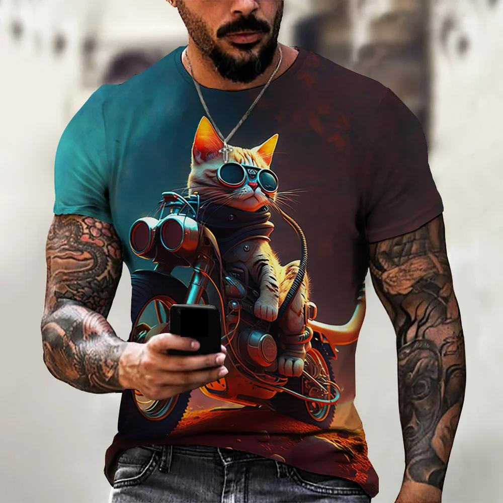 Transmission of love Knappe Motorfiets Kat Print Zomer Heren Ronde Hals T-shirt Casual Korte Mouw Oversized Pullover Mode Trend Herenkleding XS