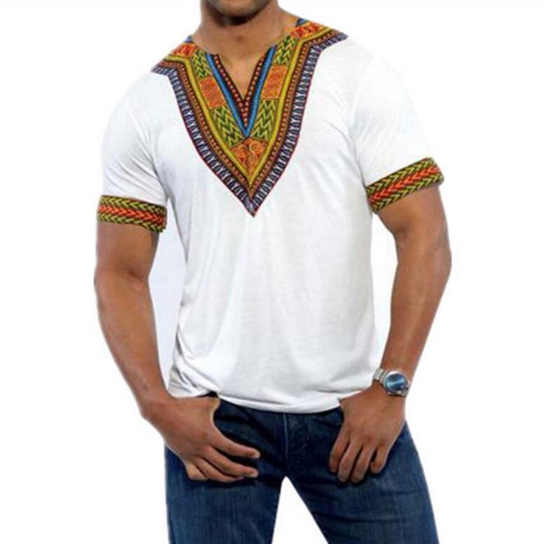 Explorer Outdoors Nieuwe zomer Afrikaanse etnische stijl bedrukt V-hals T-shirt met korte mouwen L zwart
