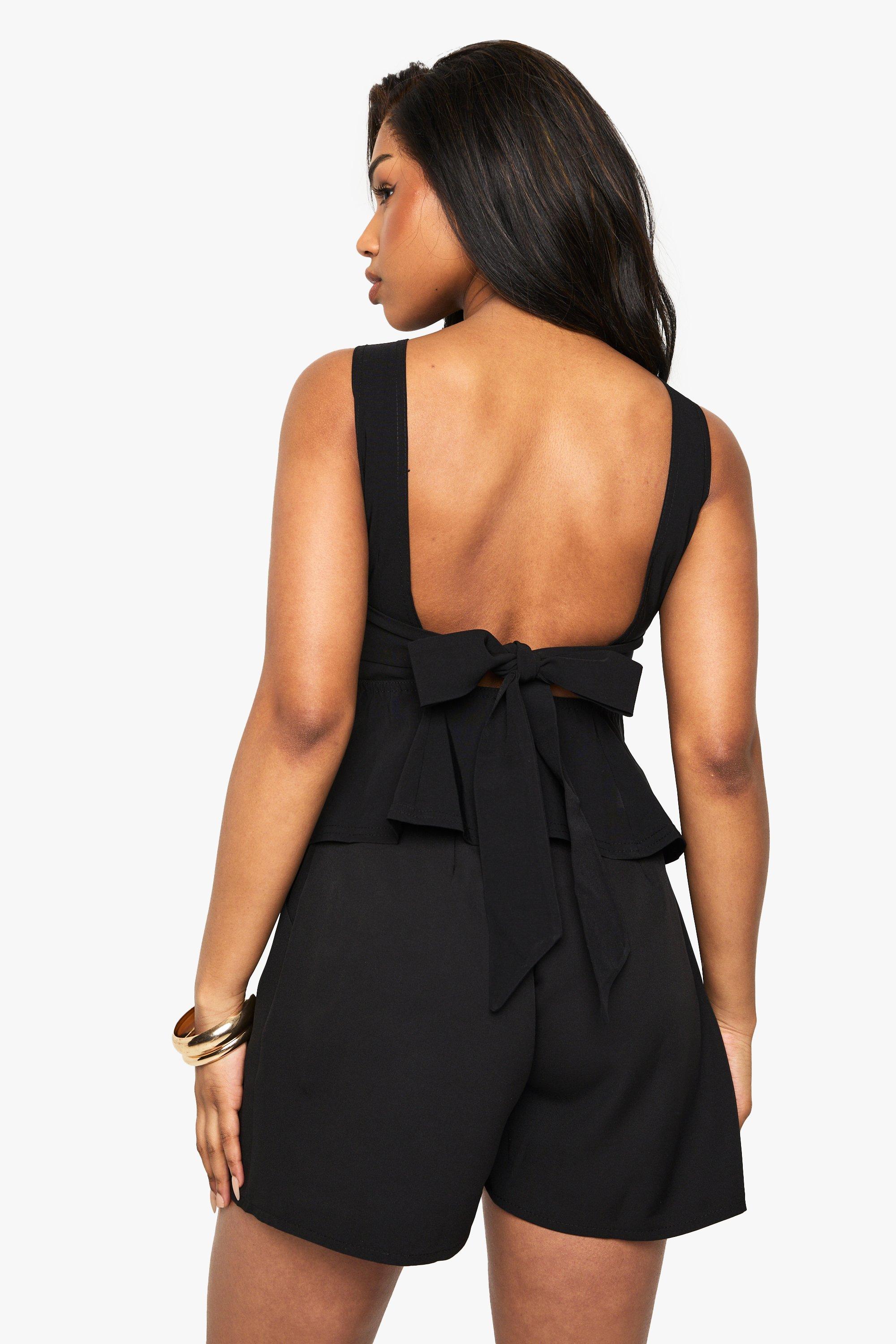 Boohoo Bengaline Peplum Top Met Open Rug En Strik, Black