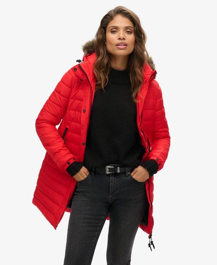 Superdry Vrouwen Halflange Pufferjas met Imitatiebont Rood