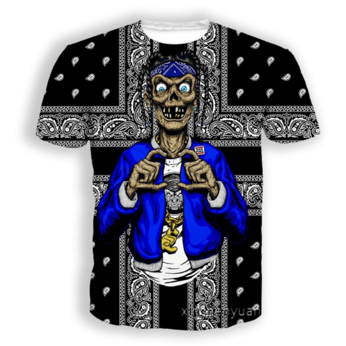 Laoxu Nieuwe 3D-geprinte Blood Gang Bandana Fashion Heren Dames Hip Hop T-shirt Plus Size S-7XL harajuku grafische t-shirts S zwart