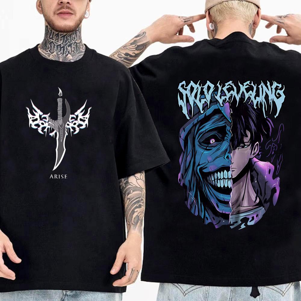 TENJINGE Trendy Solo Leveling Standbeeld van God Shirt Sung Jinwoo Shirt Anime Grafische T-shirts Anime Hoogwaardige Katoenen T-shirt Tops Streetwear S