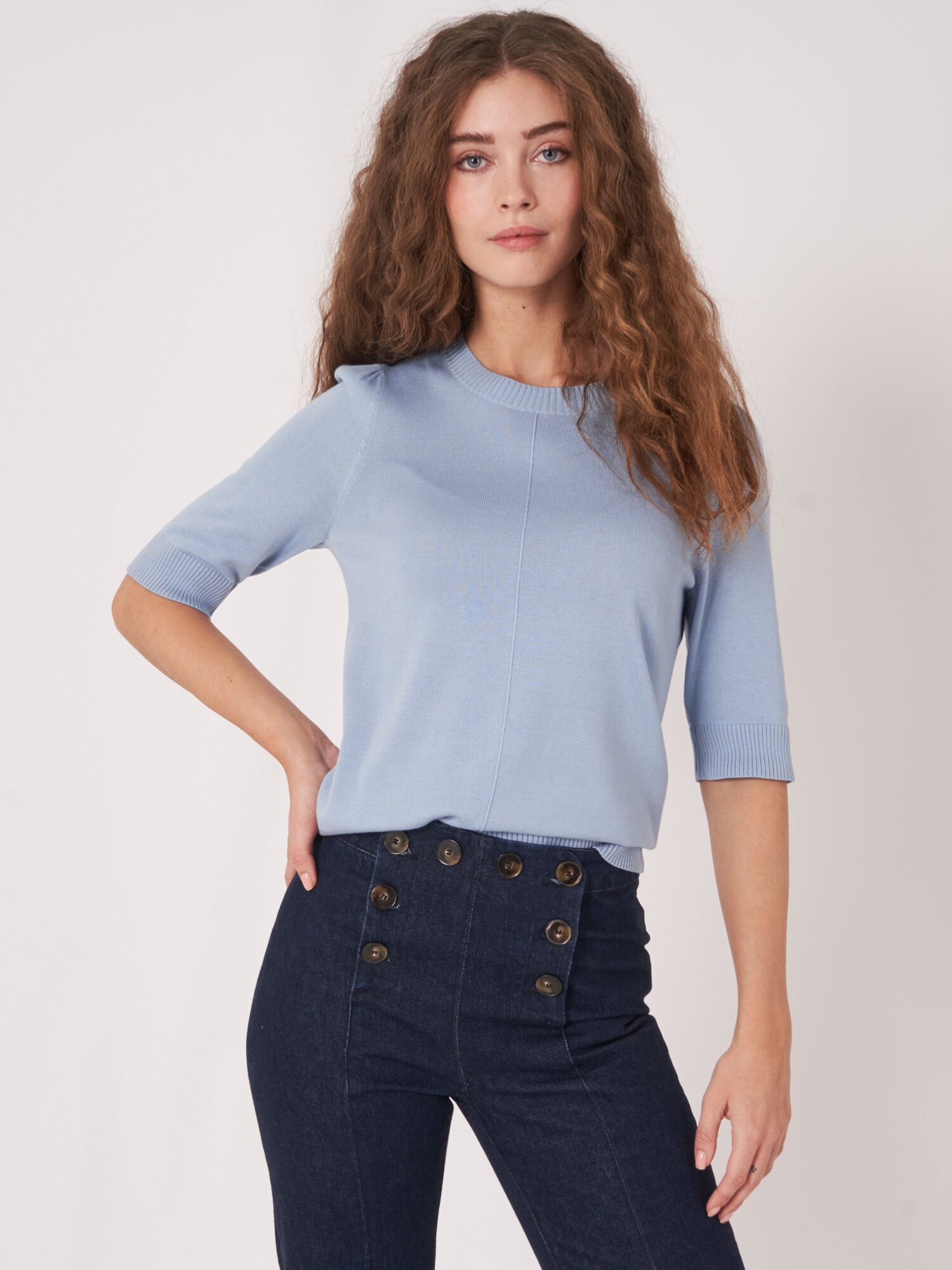 REPEAT cashmere Trui van katoenmix met korte mouwen