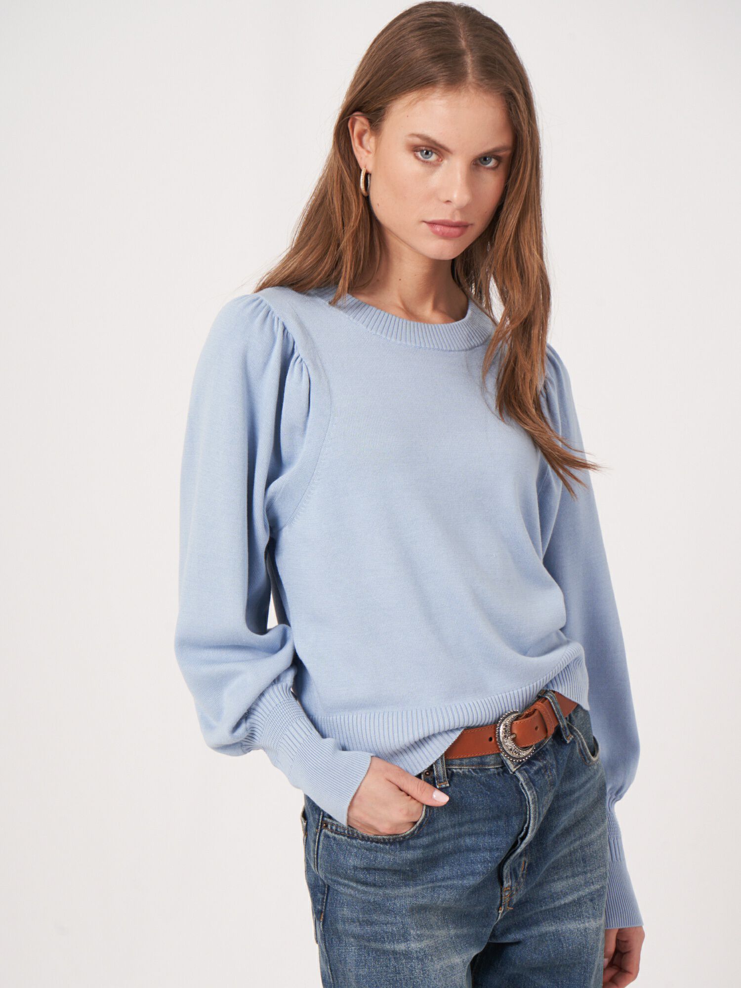REPEAT cashmere Trui van katoenmix met pofmouwen