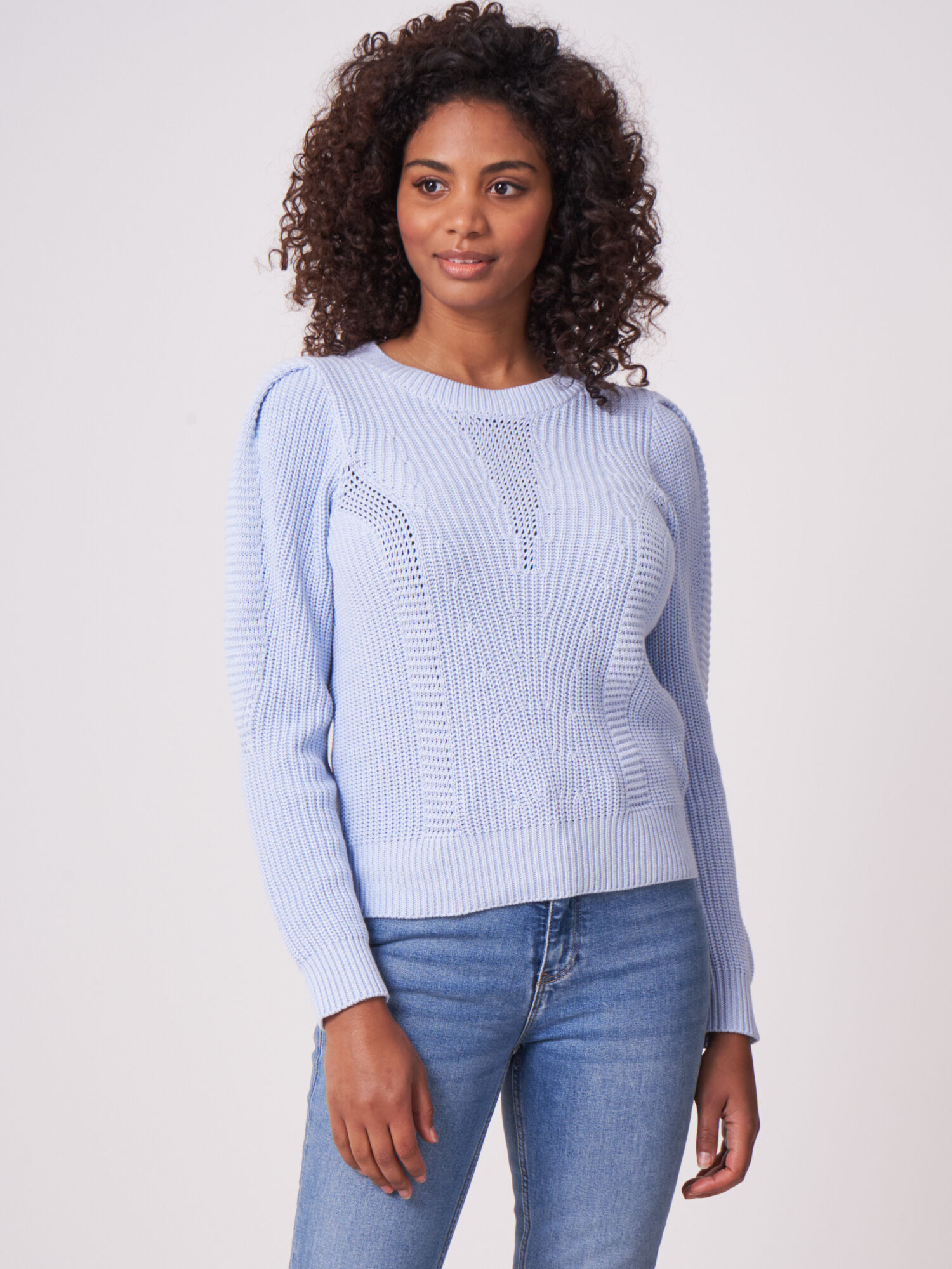 REPEAT cashmere Geribde trui met pofschouders
