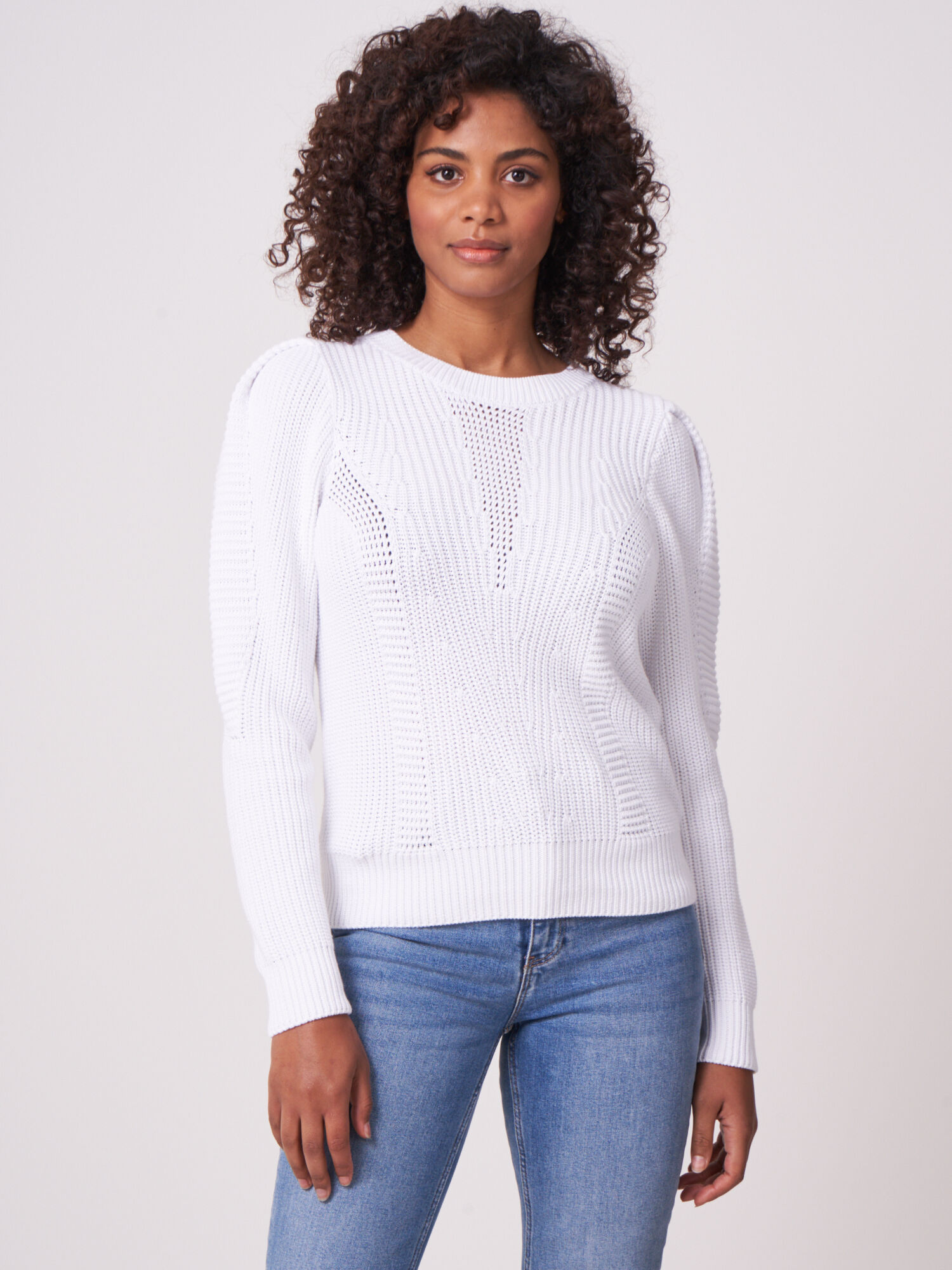 REPEAT cashmere Geribde trui met pofschouders