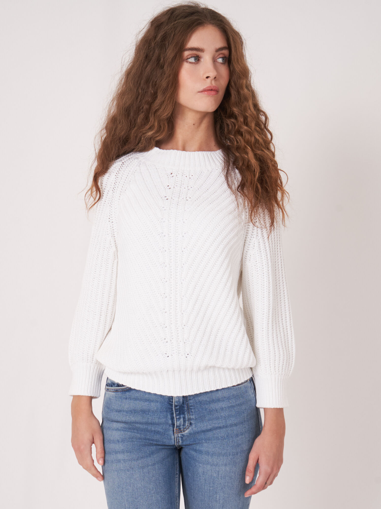 REPEAT cashmere Grof gebreide trui met korte pofmouwen