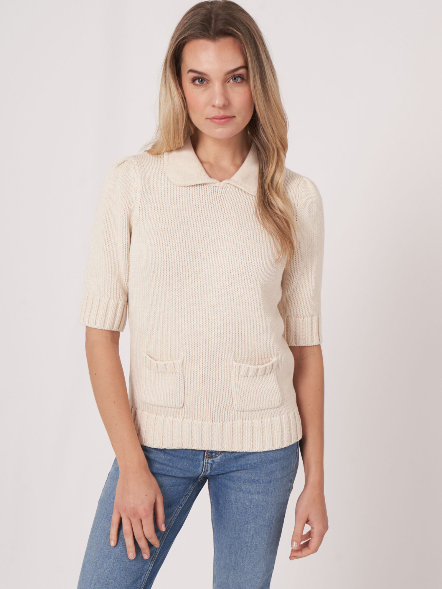 REPEAT cashmere Grofgebreide trui met korte mouwen