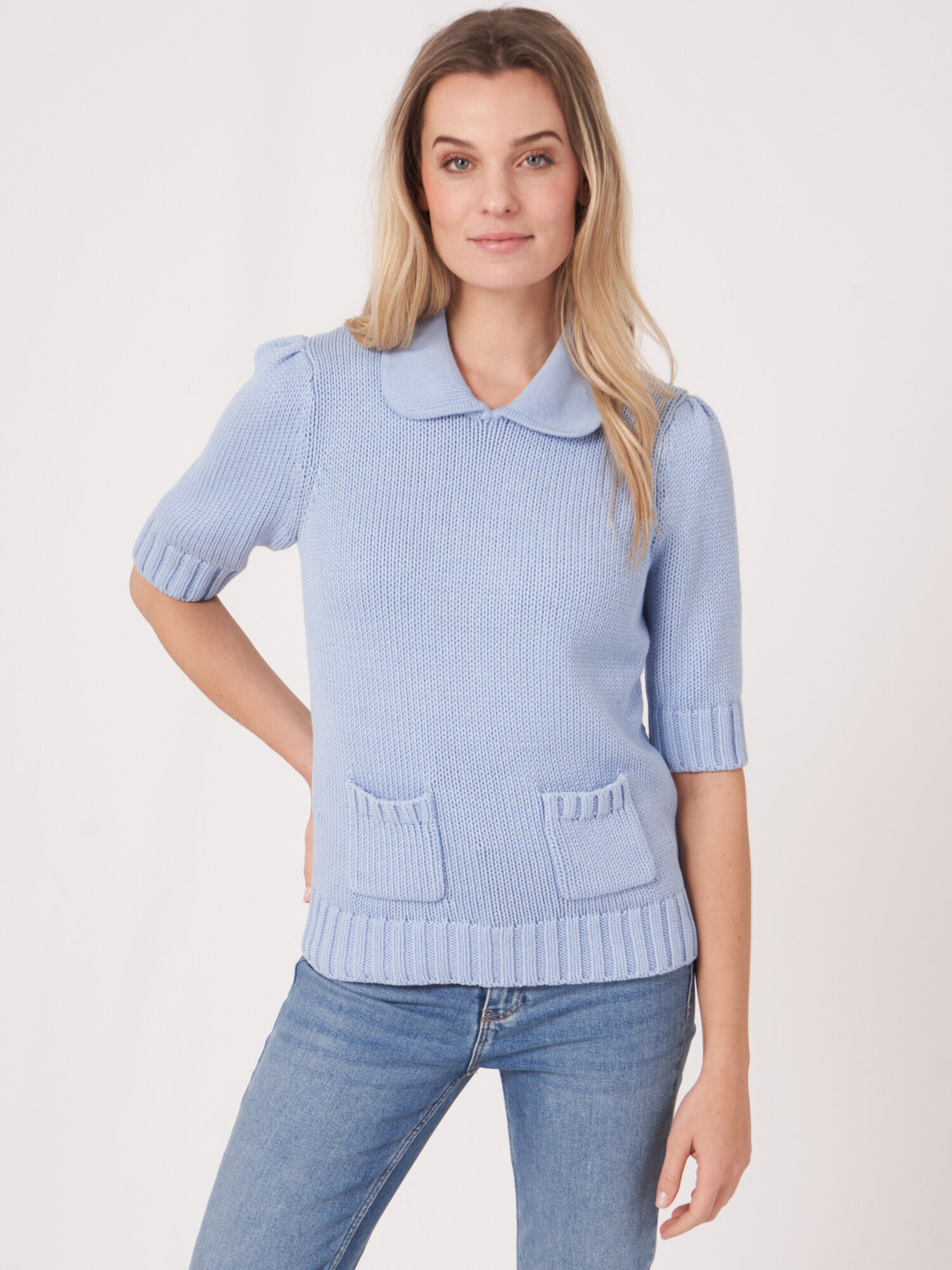 REPEAT cashmere Grofgebreide trui met korte mouwen