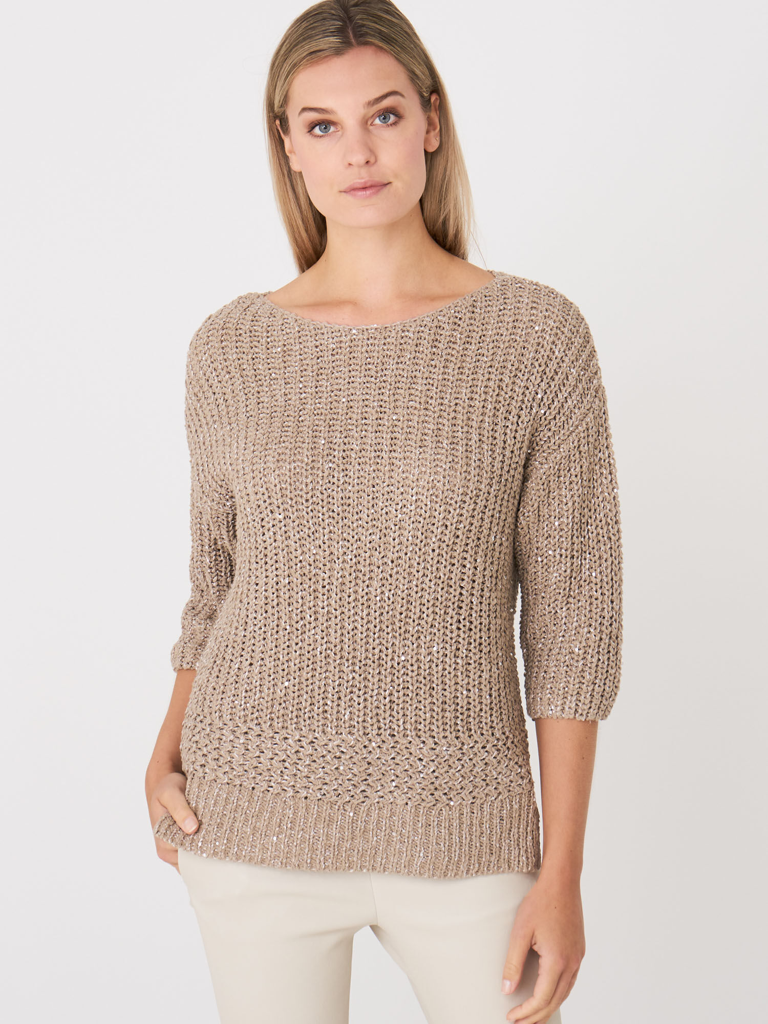 REPEAT cashmere 3/4 mouw boothals trui met pailletten