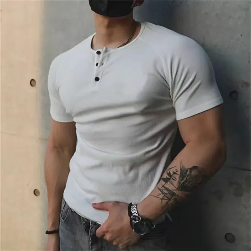 AI Supermarket Heren retro katoenen Henley-overhemd - grove draad 230 g, effen kleur, fitnesstop met korte mouwen M zwart