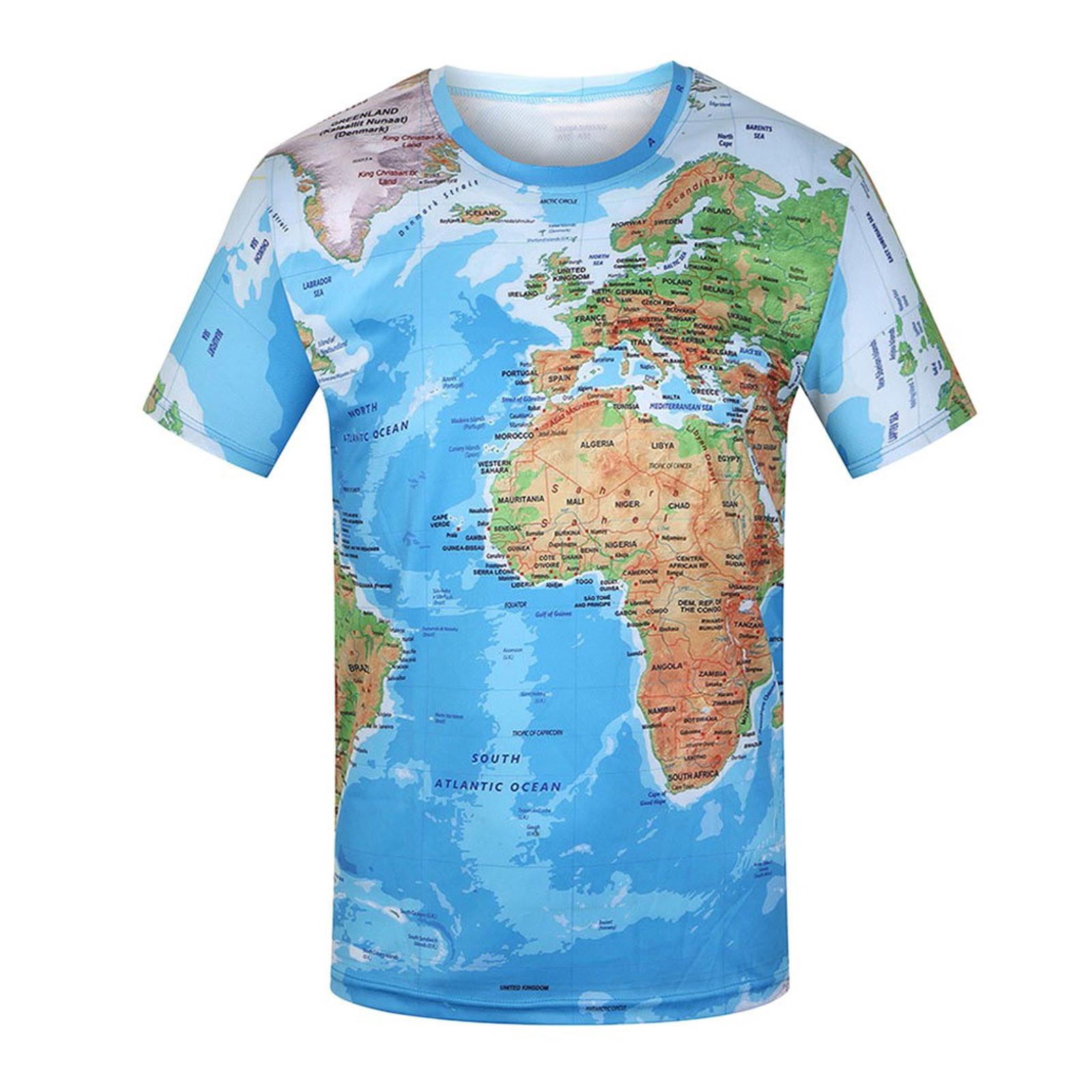 Balala Heren Zomer Wereldkaart 3D Geprint Korte Mouw Ronde Hals Top T-shirt Blouse L blauw
