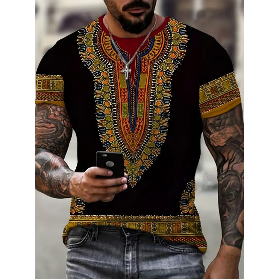 HerSight Comfortabel T-shirt met korte mouwen en etnische print - Zacht, ademend, ontspannen grafisch T-shirt voor heren Zomerkleding Casual Dagelijks leven S zwart