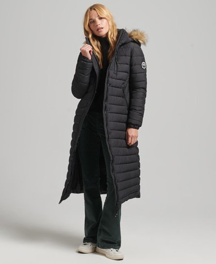 Superdry Vrouwen Lange Gewatteerde Pufferjas met Capuchon met Imitatiebont Zwart