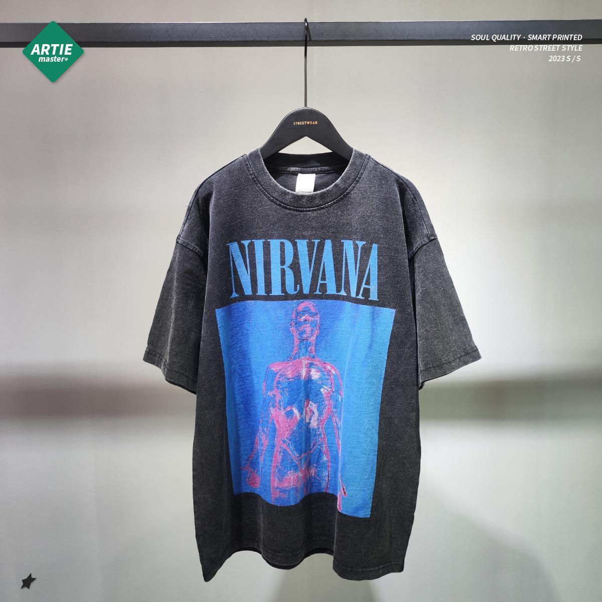 Top Men Wardrobe ARTIE Heren Retro Nirvana Gedrukt Losvallend T-shirt met Korte Mouwen L