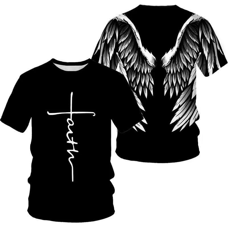 Xuhaijian02 Mode Jezus Kruis Patroon T-shirt Voor Mannen Grappige 3D Vleugel Print Korte Mouw Tops Casual O-hals Losse T-shirts Zomer Trui XXS