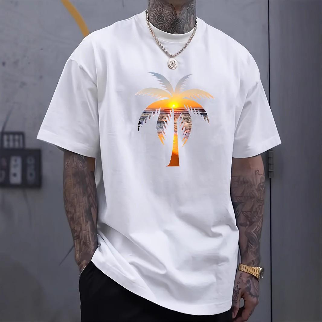FEGKZLI Fashion Zomer heren T-shirt met korte mouwen, los, comfortabel, modieus, ademend, tropisch palmprint, katoenen T-shirt met korte mouwen voor heren S wit
