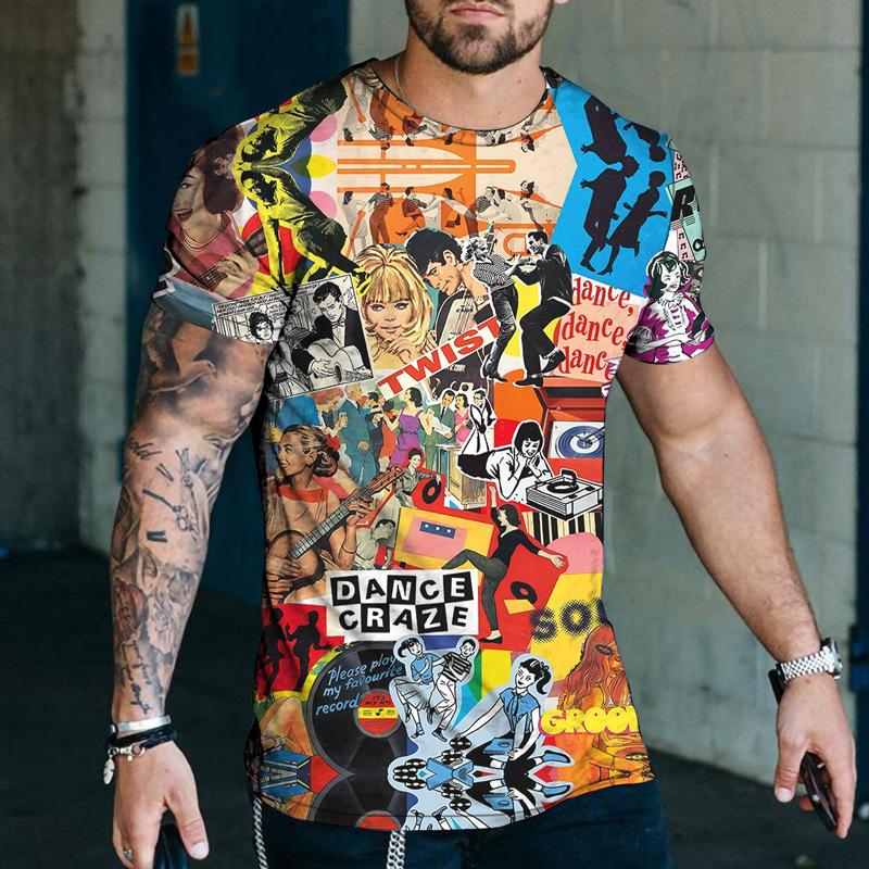 WowClassic Cartoonpatroon T-shirts uit de jaren 60, herenmuziek, zomershirts, streetwear, 3D-print T-shirt, mode, ronde hals, korte mouwen S