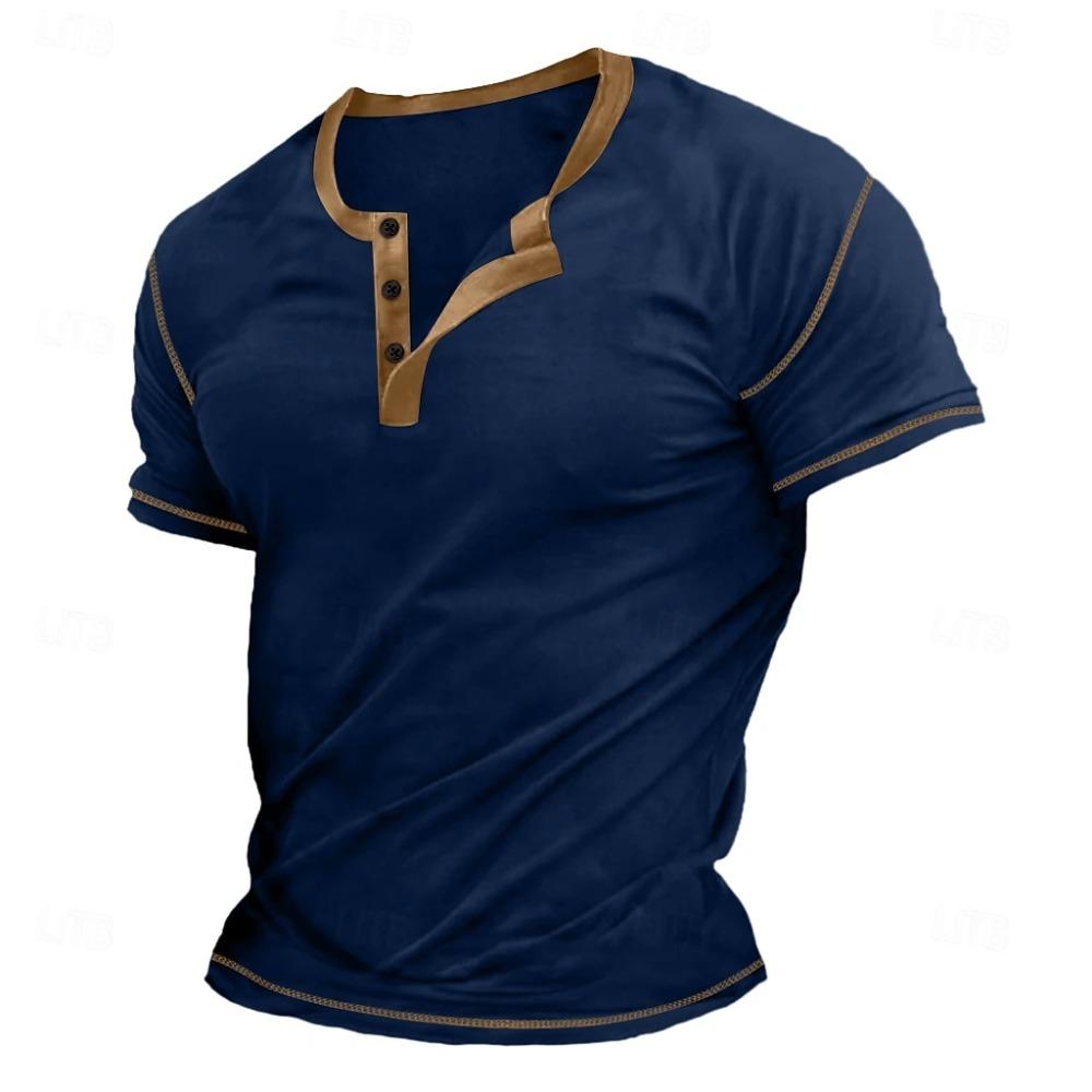 FEGKZLI Fashion Heren casual T-shirts met korte mouwen, knoop V-hals, vintage zomerspier-T-shirt voor heren XXL lichtbruin