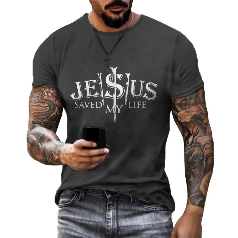 Transmission of love Retro Fashion Grijs T-shirt Jezus Letter 3D Geprint Korte Mouw Polyester Casual Herenkleding Trendy Zomer Tops T-shirts XS