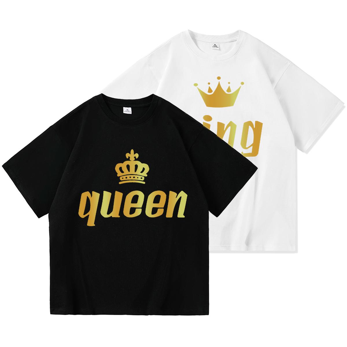 FEGKZLI Fashion 2023 Casual KONING KONINGIN Print Zomer Katoenen T-shirt Korte Mouw O Hals Losse Lovers T-shirt Vrouwen Mannen tops Tees S wit