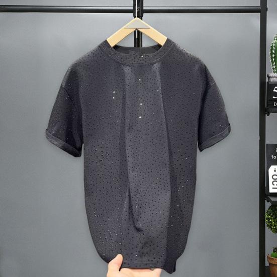 PLUM LAI Heren T-shirt Strass Decor Ronde Korte Mouwen Kleur Los Effen Hals Mid Lengte Casual Dagelijks Pullover Top L zwart