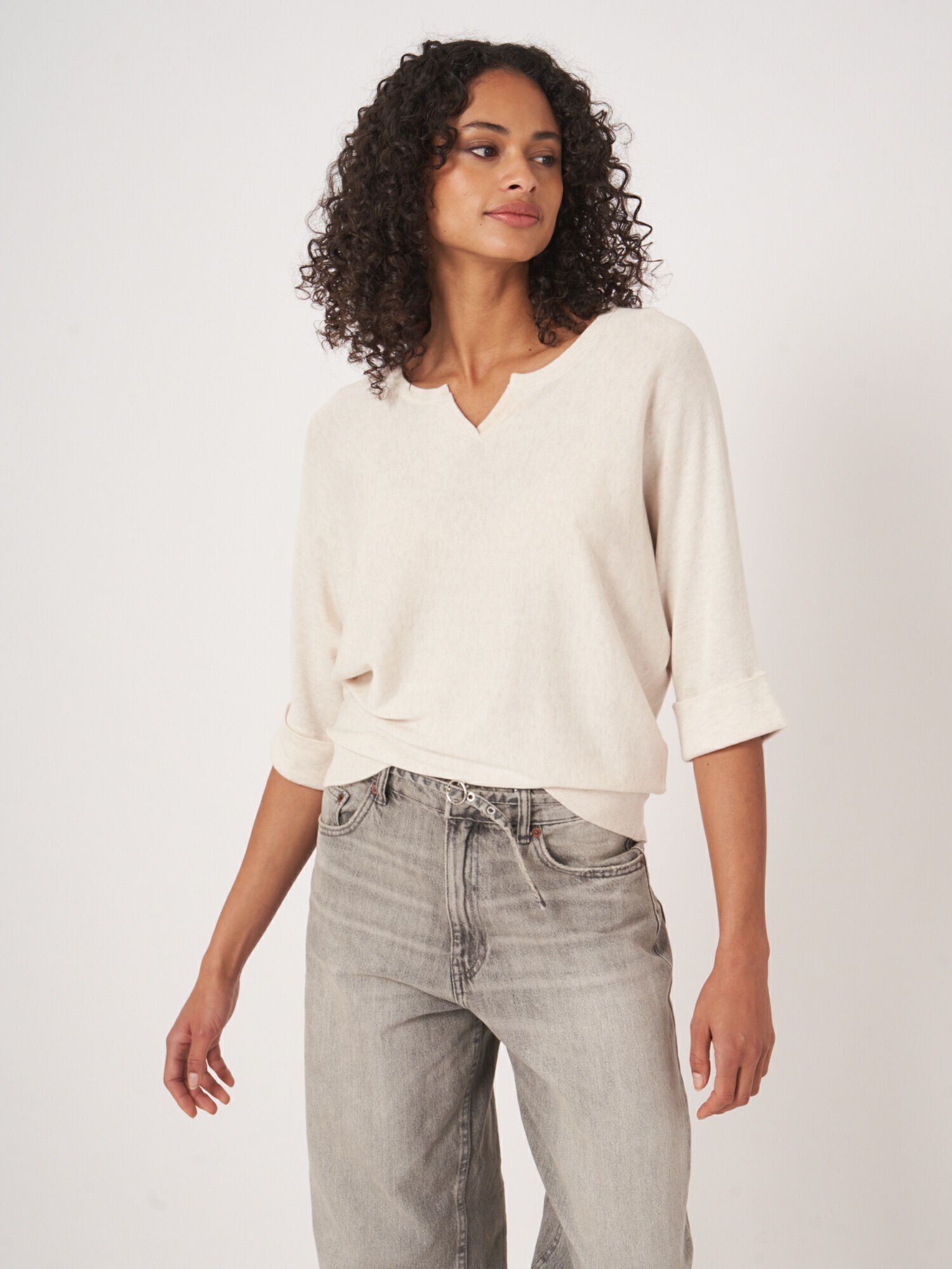 REPEAT cashmere Losvallende fijn gebreide batwing trui van katoenmix
