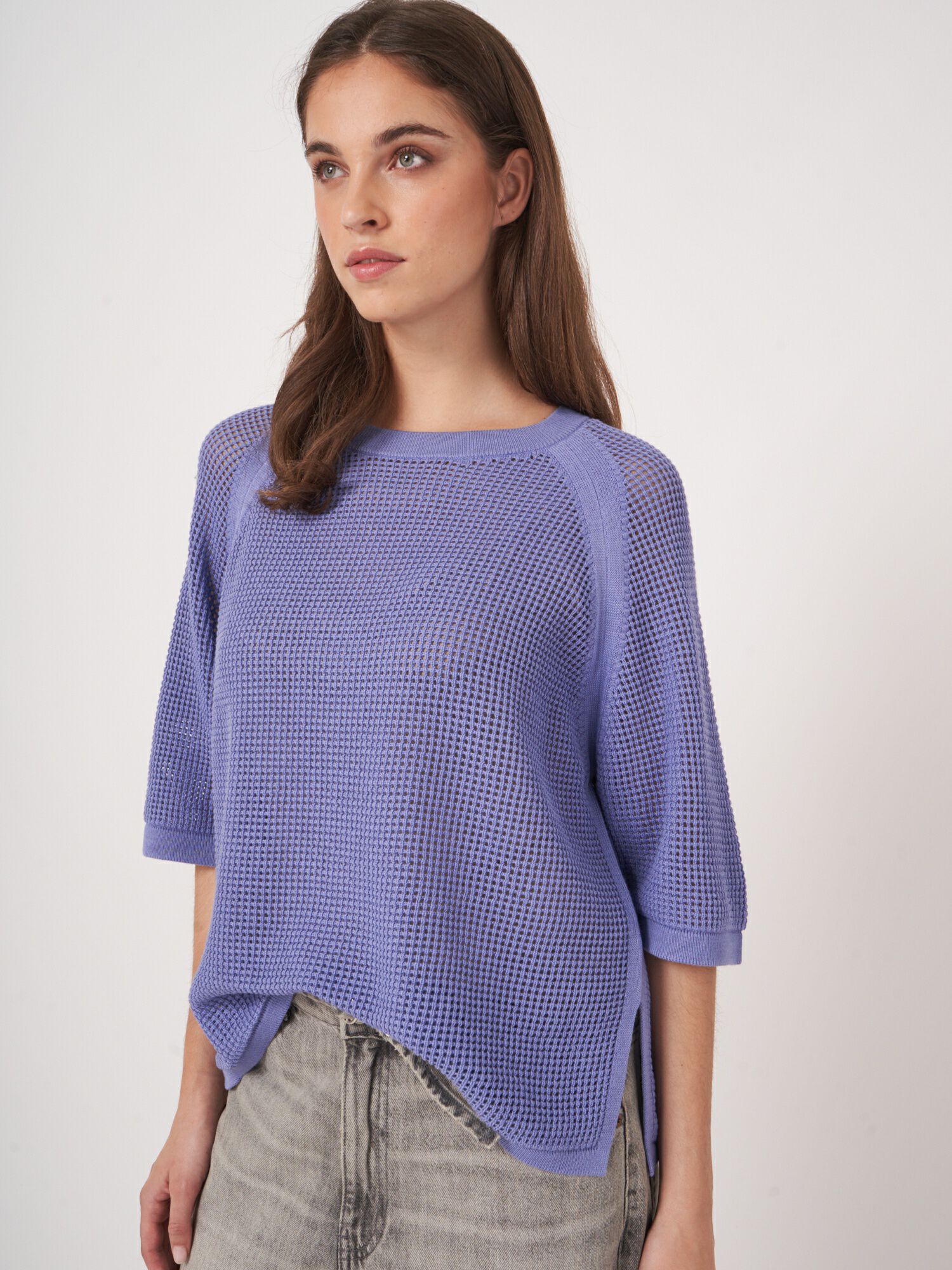REPEAT cashmere Ajour trui met wijde korte mouwen