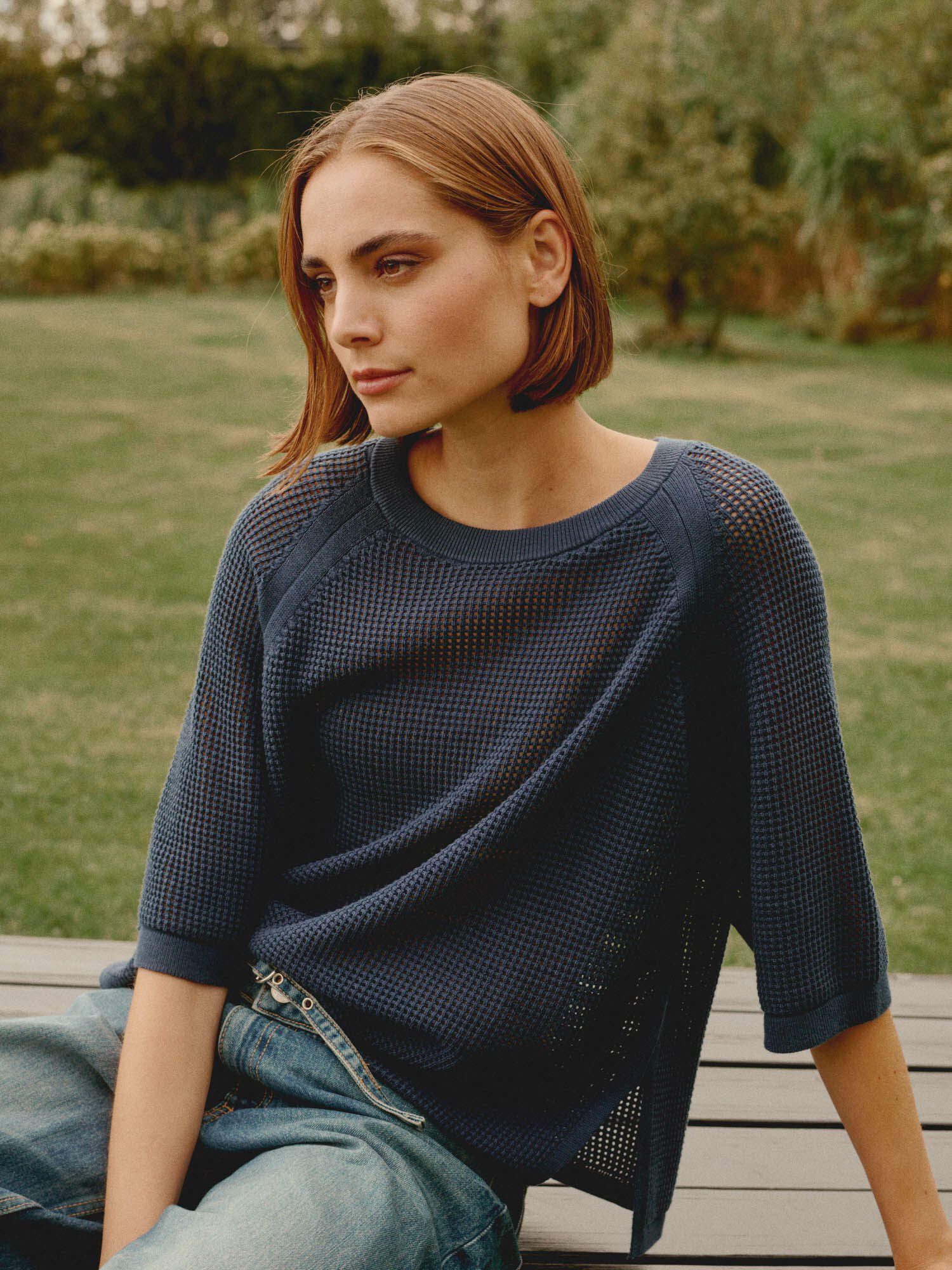 REPEAT cashmere Ajour trui met wijde korte mouwen