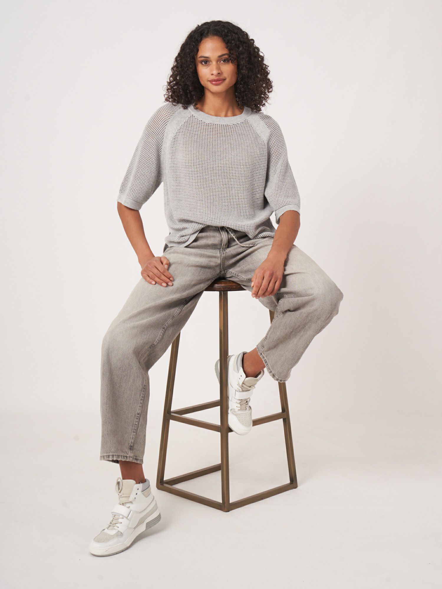 REPEAT cashmere Ajour trui met wijde korte mouwen