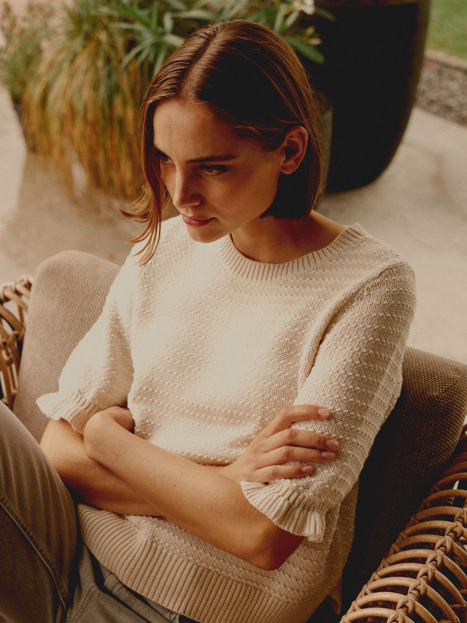 REPEAT cashmere Gebreid katoenen truitje met korte mouw