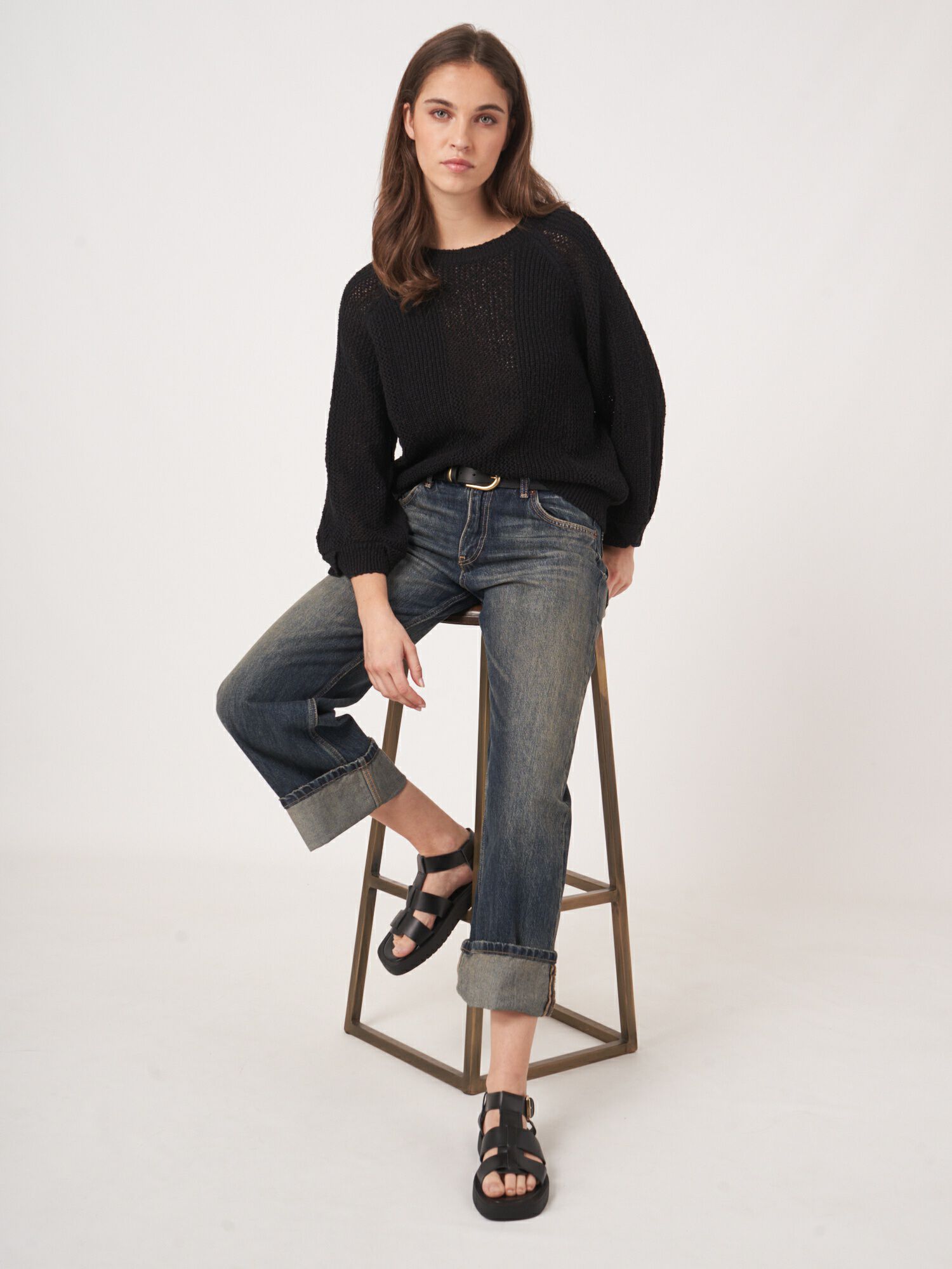 REPEAT cashmere Ajour trui met wijde mouwen van zuiver katoen