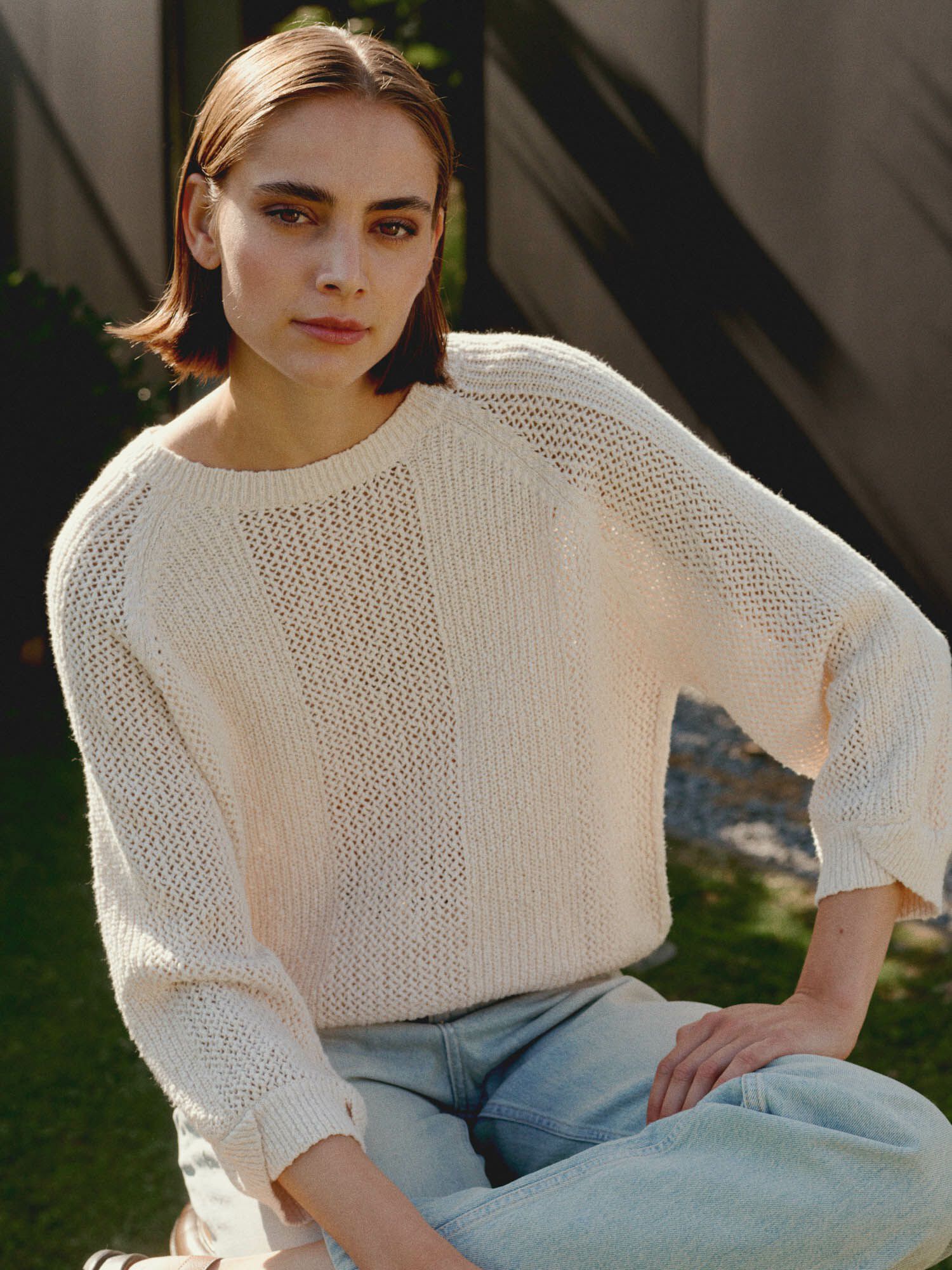 REPEAT cashmere Ajour trui met wijde mouwen van zuiver katoen