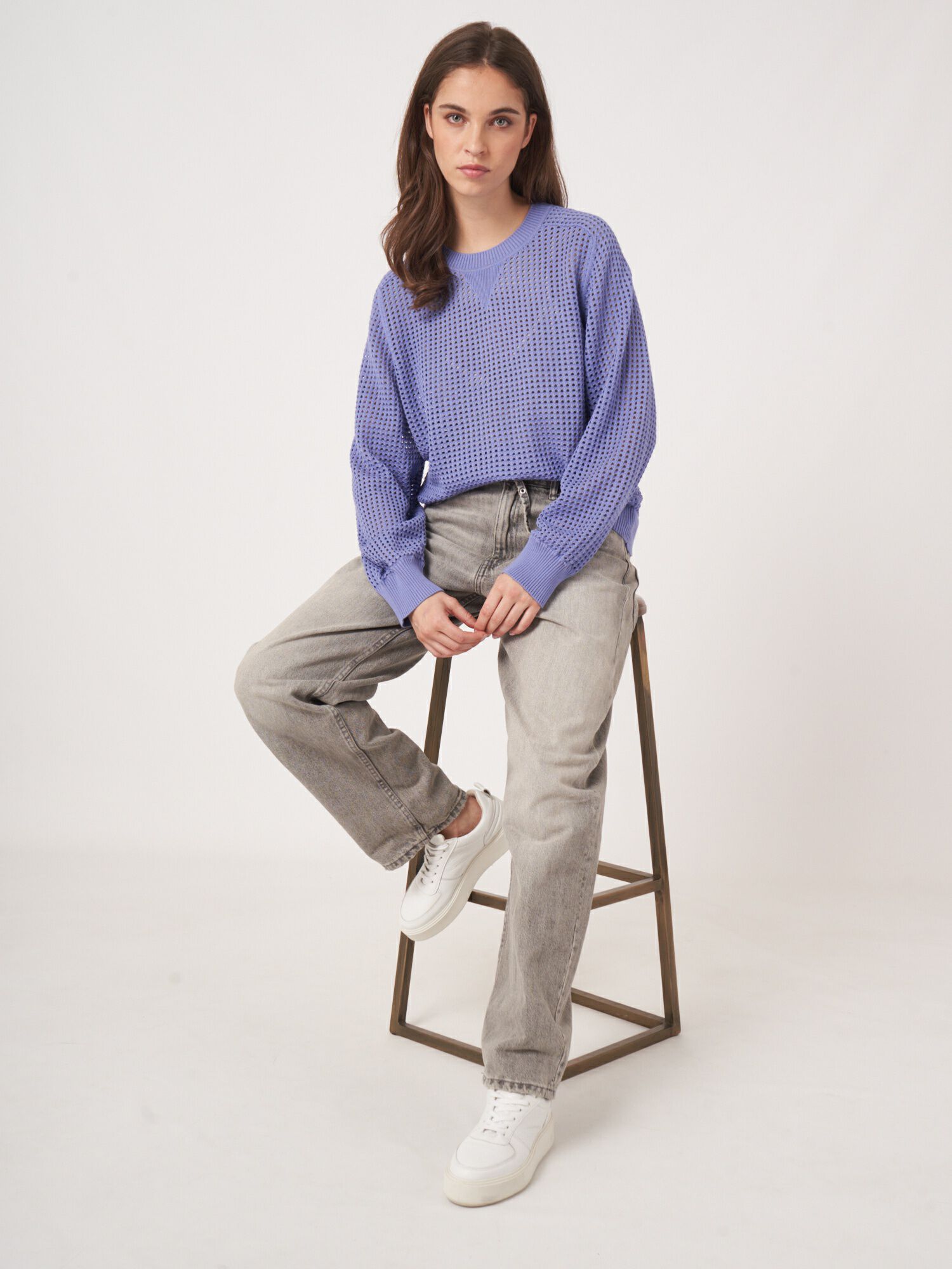 REPEAT cashmere Gebreide ajour trui van katoenmix