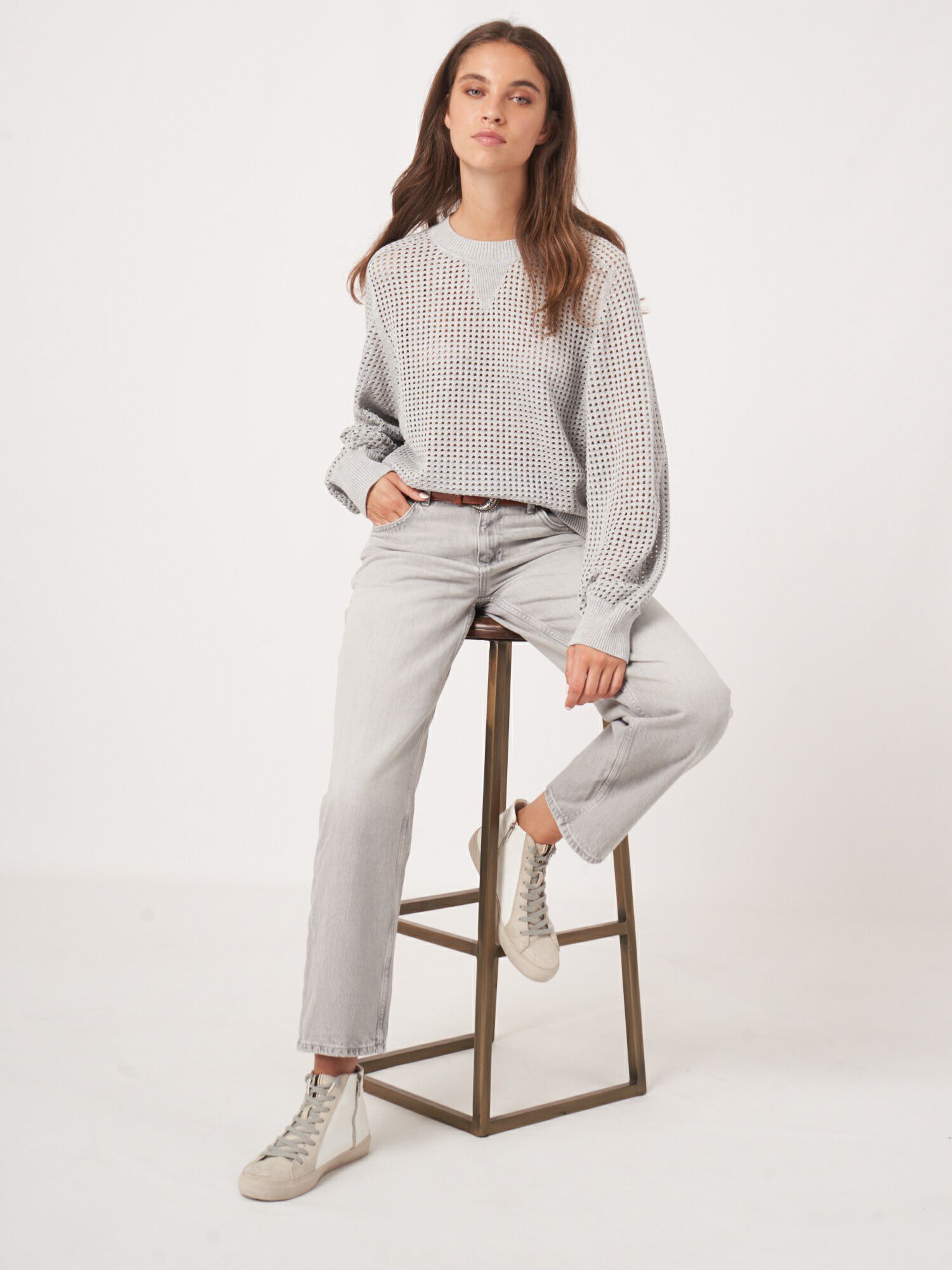 REPEAT cashmere Gebreide ajour trui van katoenmix