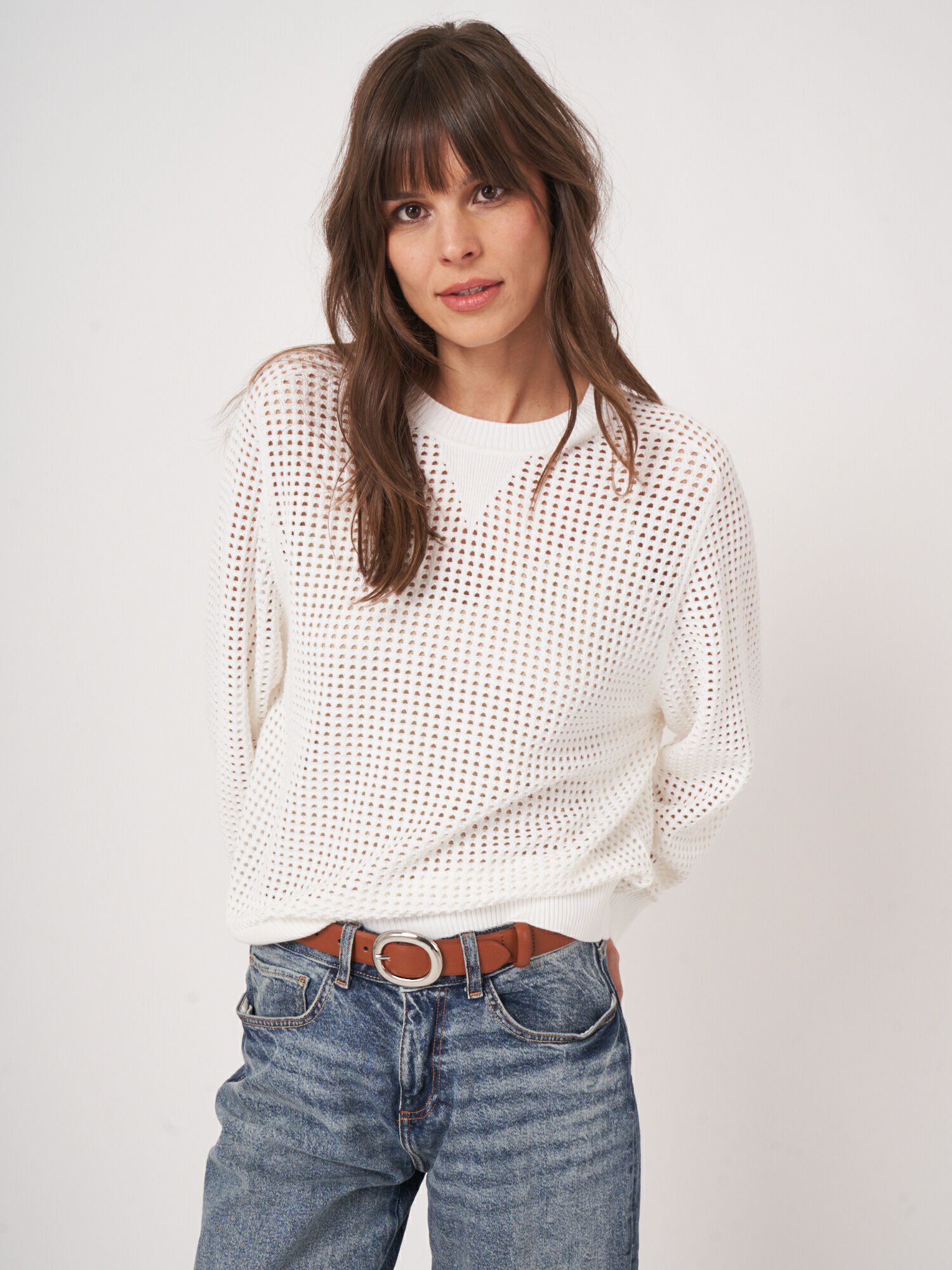 REPEAT cashmere Gebreide ajour trui van katoenmix