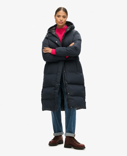 Superdry Vrouwen Lange Pufferjas met Capuchon Blauw