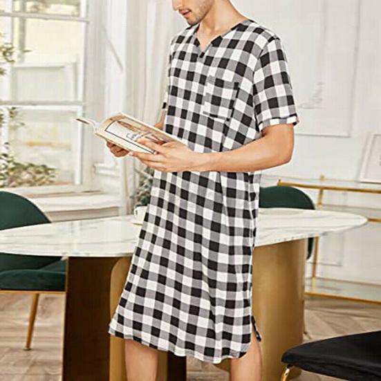 PLUM LAI Heren pyjama's Kleur bijpassende ruit print korte mouwen borstzak losse V-hals casual L rood