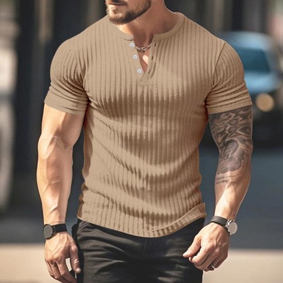 PLUM LAI Heren T-shirt Korte Mouwen Slim Dun Effen Geknoopt Kleur Rekbaar Pasvorm V Hals Trui Draad Sport Fitness Top M wijnrode kleur