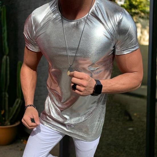 PLUM LAI Heren T-shirt Glanzend Oppervlak Bronzing Fit O Kleur Hals Effen Slim Korte Mouwen Trui Feest Club Prestatie Dans XL zwart