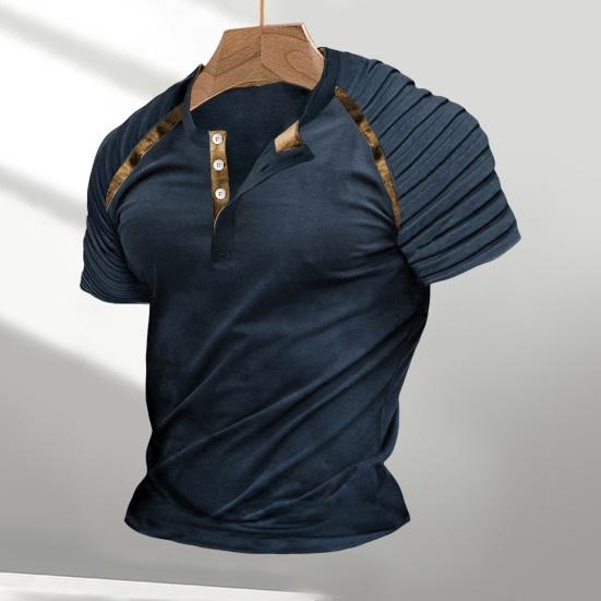 Starrism Heren Zomer T-shirt Geplooide Schouder Knoop Ronde Hals Slim Fit Retro Pullover Rekbaar Middellange Dagelijkse Draag Casual Top M marineblauwe kleur