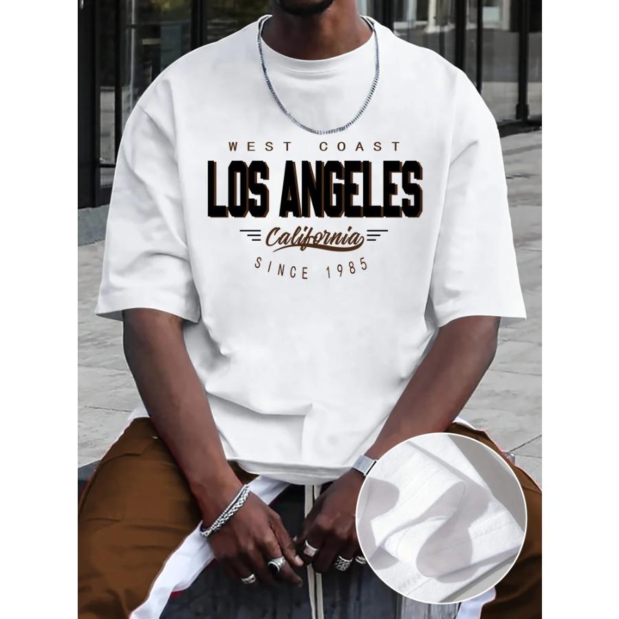 HerSight Cotton Summer Men's 100% Cotton Comfortable Casual Loose Plus Size LOS ANGELES Printed Sports Round Neck Short Sleeved T-shirt Top 3XL