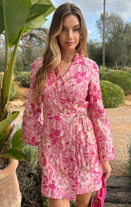 Jurkjes Wijde Mouw Jacquard Jurk Merel Fuchsia