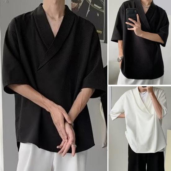 Songmeijuan Heren Zomer Shirt V Hals Los Baggy Effen Kleur Zacht Hip Hop Halve Mouwen Zacht Ademend Casual Pullover Streetwear Haarstylist Top 2XL zwart