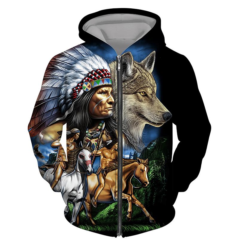 HIMO Group Vintage Heren T-shirt Lange Mouw Wolf 3D Print Zip Hoodie Mode Jas Mannelijke Casual Sport Oversized Herenkleding Sweatshirt M