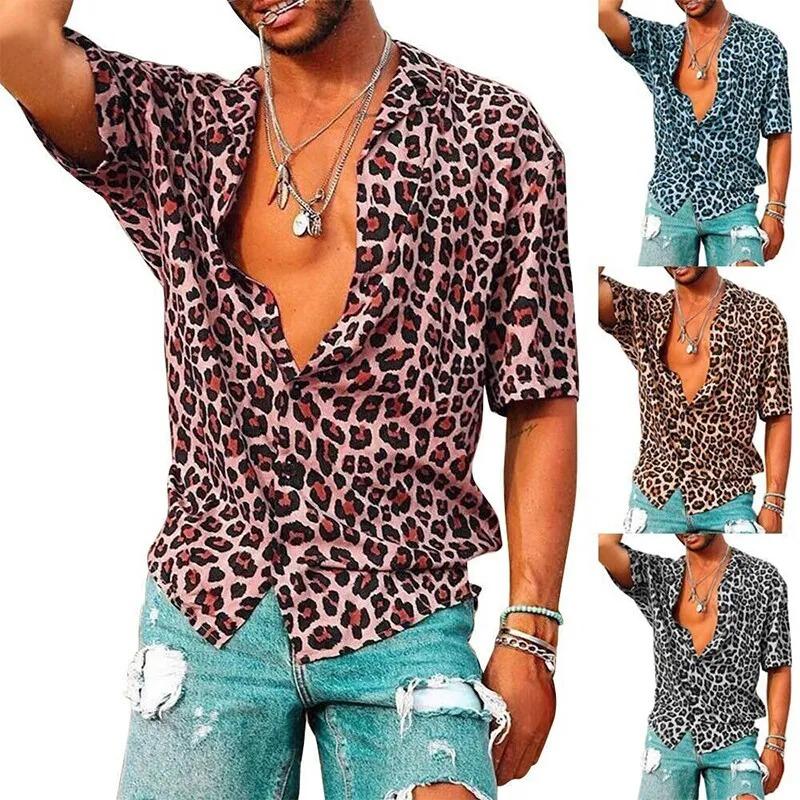 Camping Out Zomer Heren Luipaardprint Korte Mouw Overhemd Casual en Comfortabel Revers T-shirt Mode Straat Trend Bedrukt Overhemd S-5XL S rood